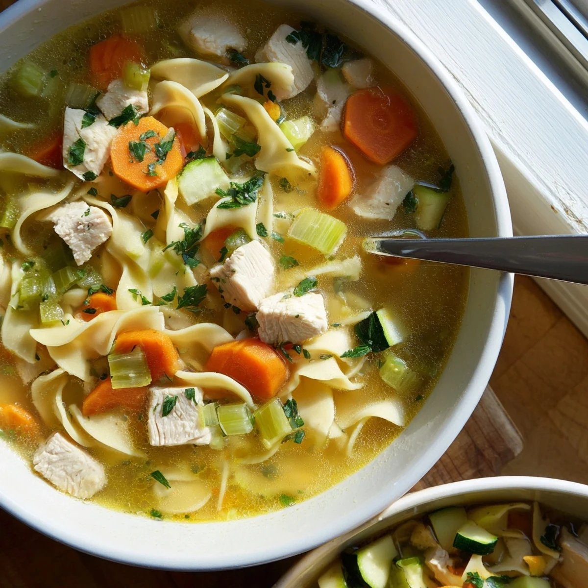 Homemade Chicken Vegetable Soup with Noodles simmering in a pot, showcasing vibrant vegetables and savory broth.