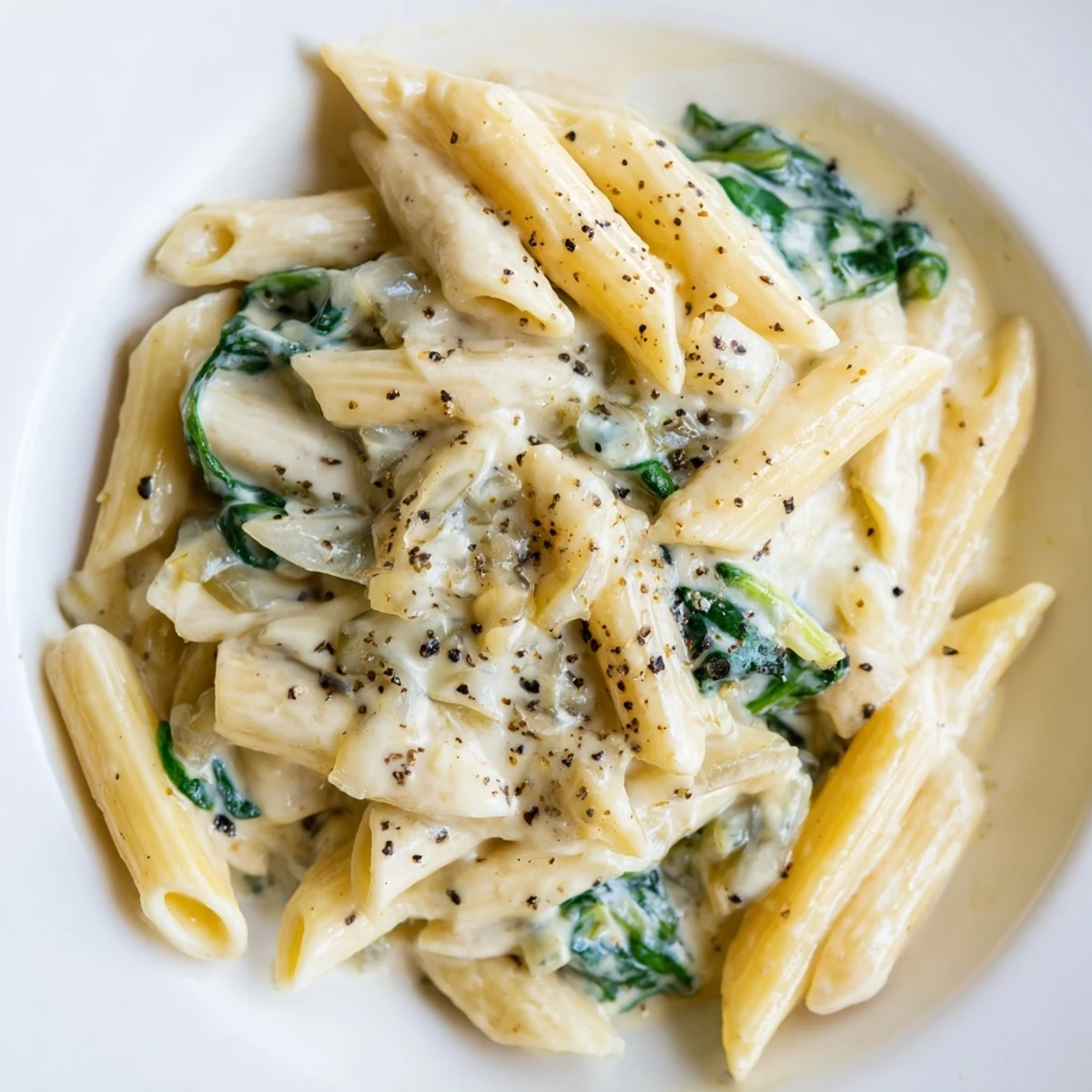 Tender penne coated in Creamy Spinach Pasta with Garlic sauce, served warm in a white ceramic bowl.