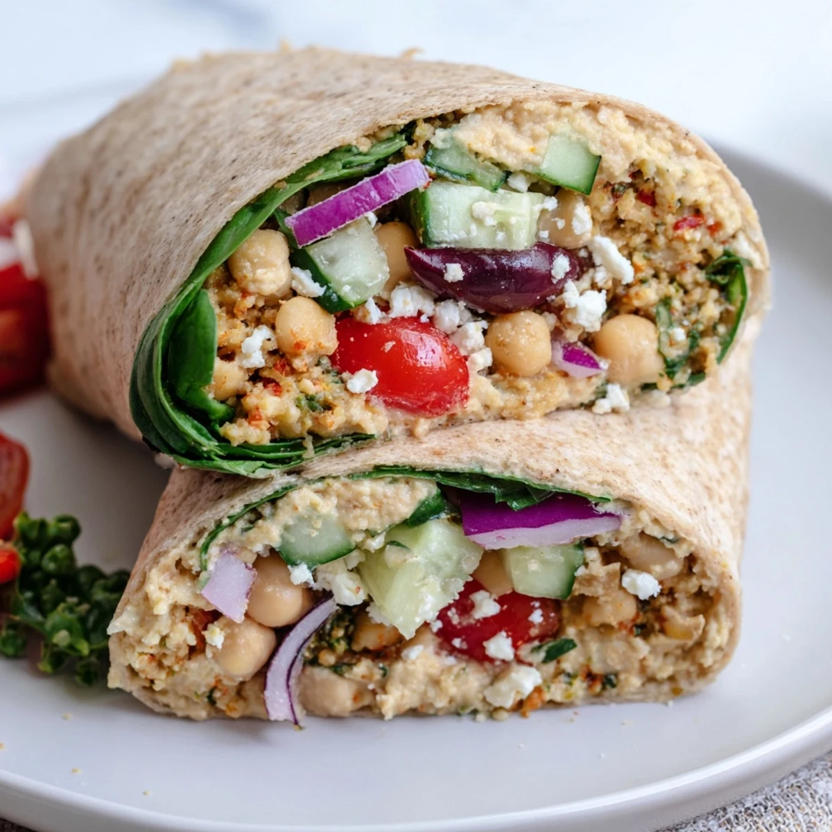 Vibrant Mediterranean Chickpea Wrap stuffed with hummus, crunchy cucumbers, and juicy cherry tomatoes for a healthy lunch.