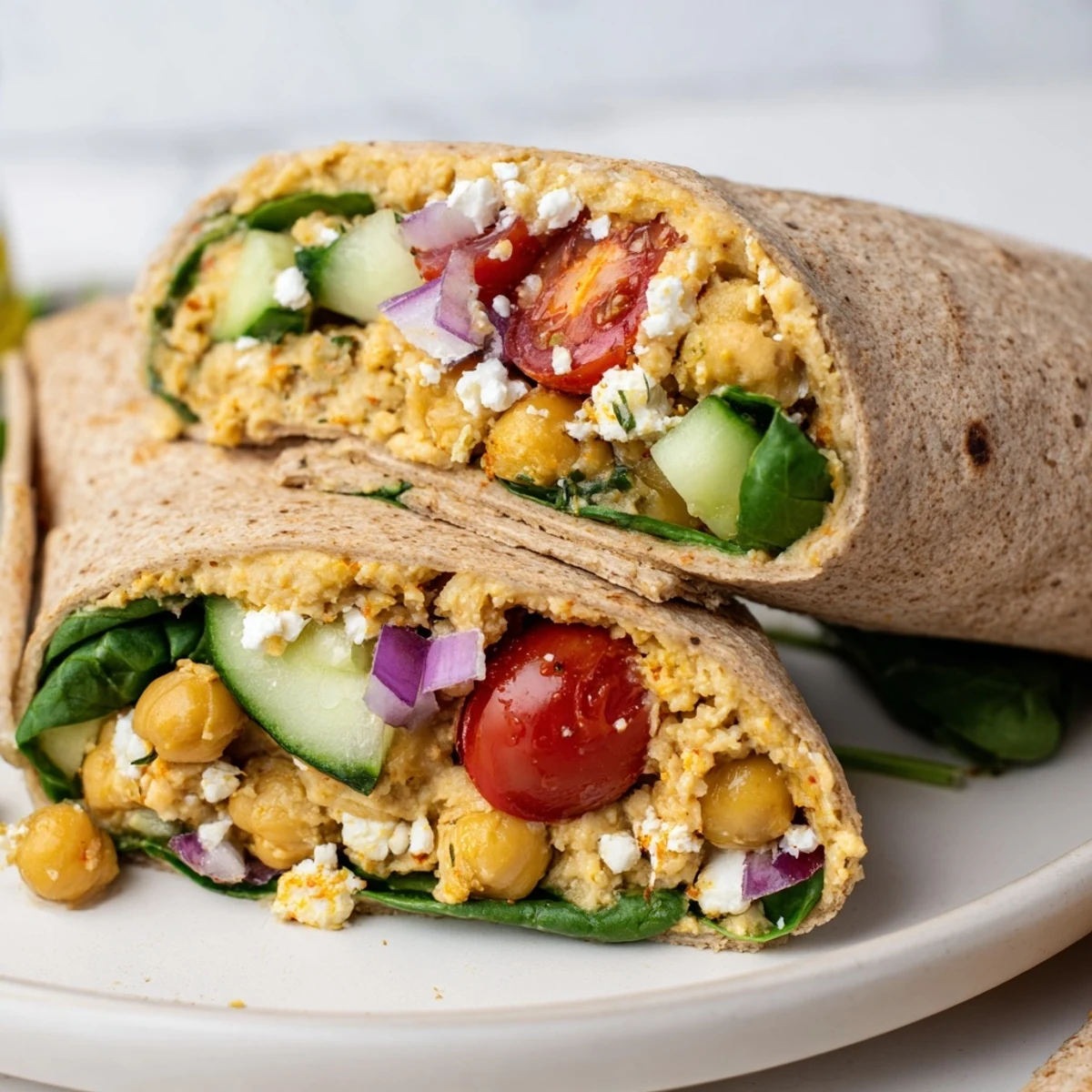 Freshly prepared Mediterranean Chickpea Wrap cut in half, revealing creamy chickpea mash, Kalamata olives, and feta for a picnic.