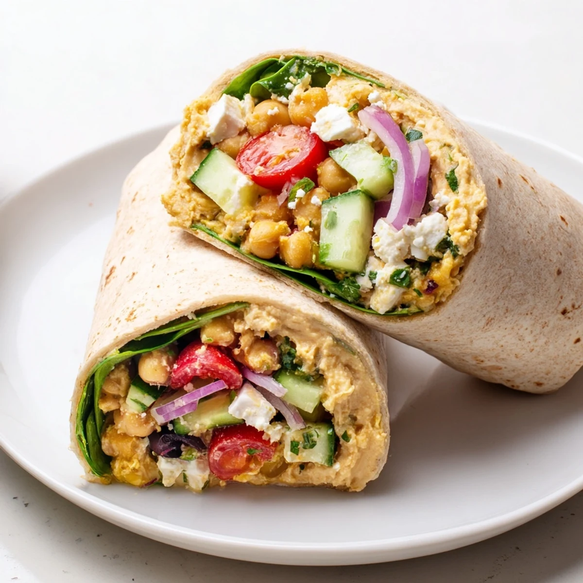 Hand-held Mediterranean Chickpea Wrap ready to eat, packed with chickpea filling and greens for a satisfying vegan meal.