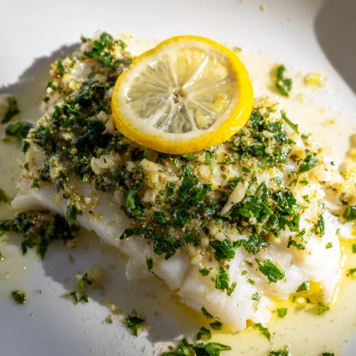 Tender baked cod with lemon and butter, flaky texture with a light lemon glaze and fresh parsley garnish.