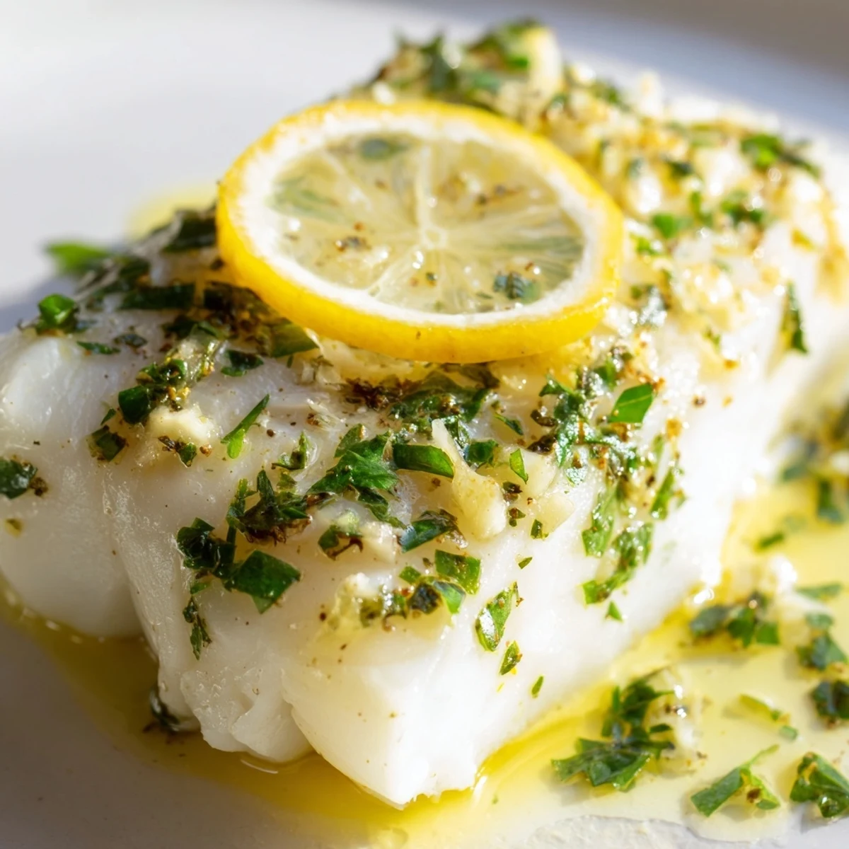 Golden baked cod with lemon and butter, topped with melted butter and lemon slices on a rustic plate.