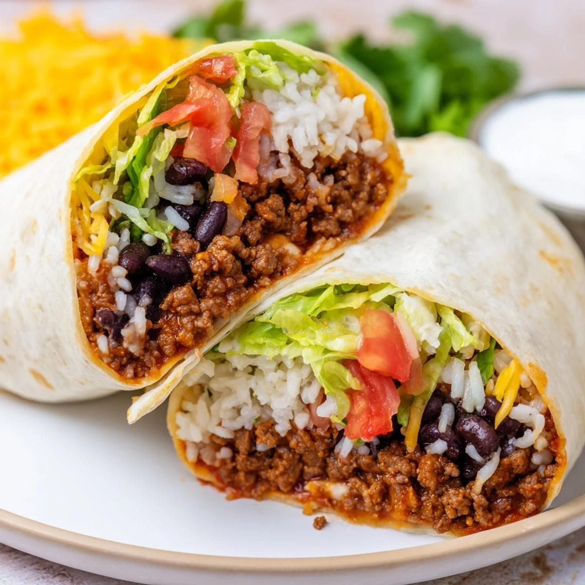 Golden-brown flour tortillas filled with seasoned ground beef, fluffy rice, and black beans, topped with shredded cheese, fresh lettuce, and diced tomatoes.