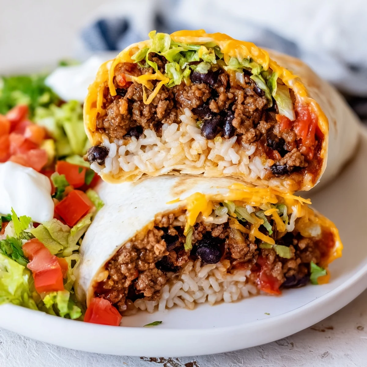 Beef burritos with rice and beans garnished with sour cream and salsa, served on a rustic plate for a hearty family meal.
