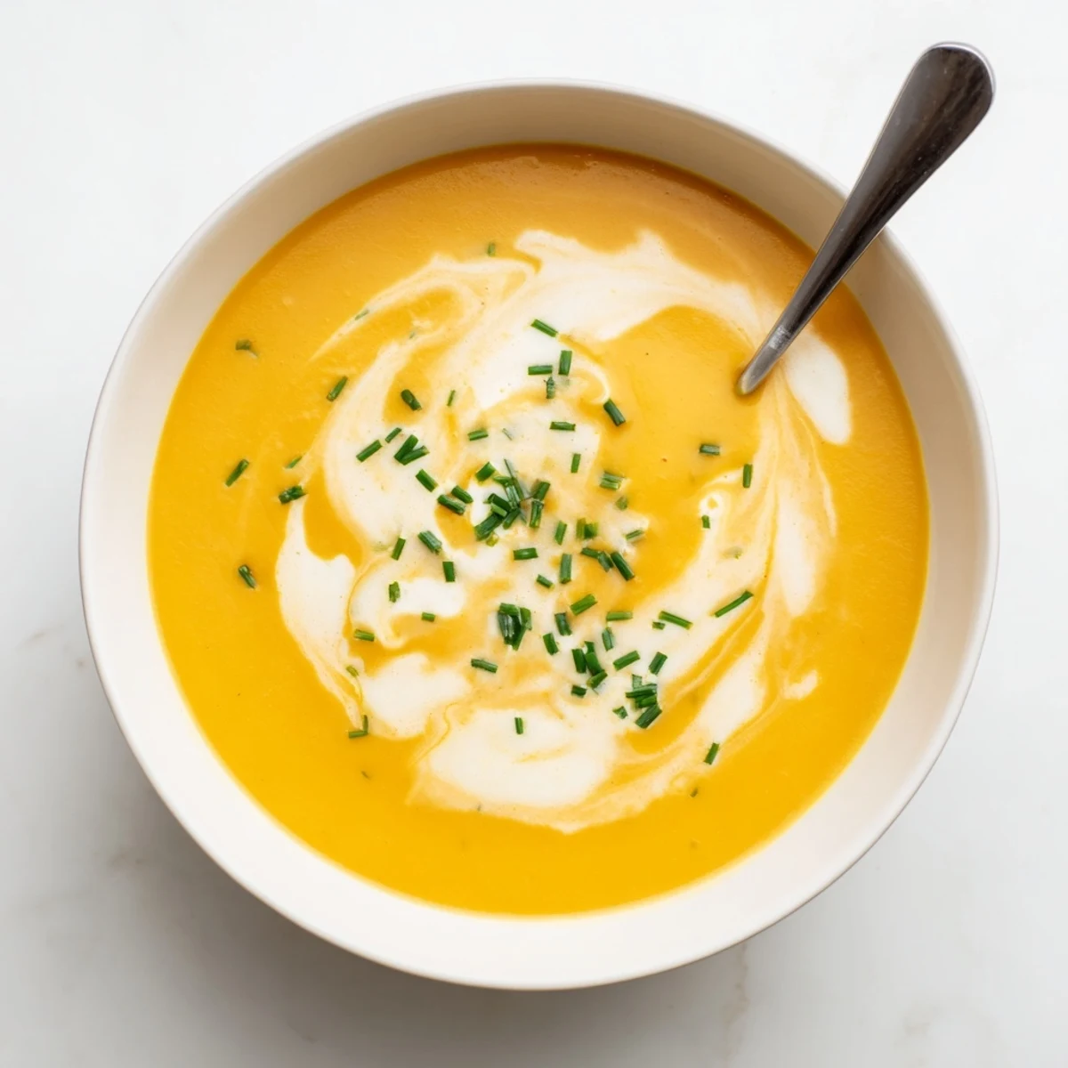 Roasted Butternut Squash Soup in a rustic bowl, topped with fresh chives and a swirl of cream.