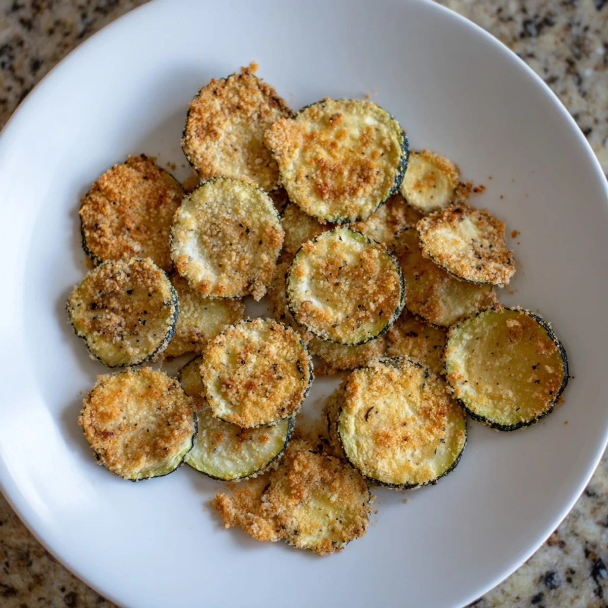 Golden-brown Crispy Air Fryer Zucchini Chips arranged on a plate, served with a small bowl of marinara dipping sauce.