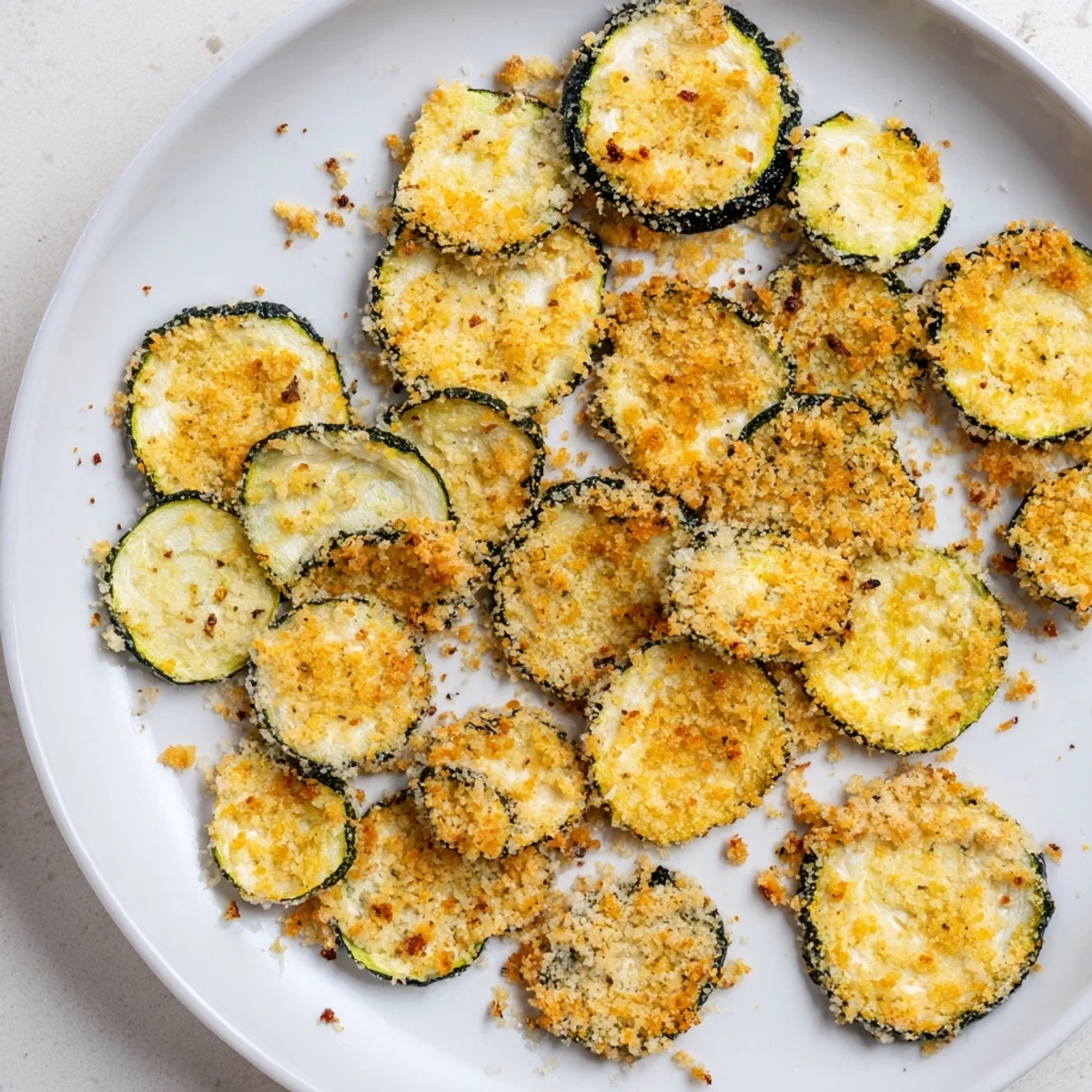 Freshly made Crispy Air Fryer Zucchini Chips piled high, perfect for a healthy low-carb snack or appetizer.