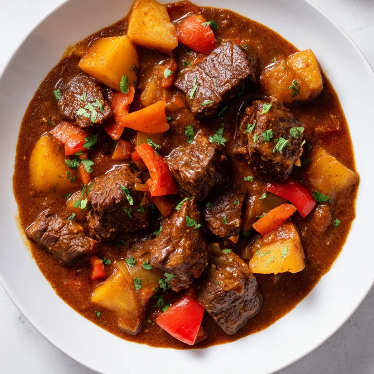 Slow cooker beef curry in a white bowl, garnished with fresh cilantro and served with fluffy rice.