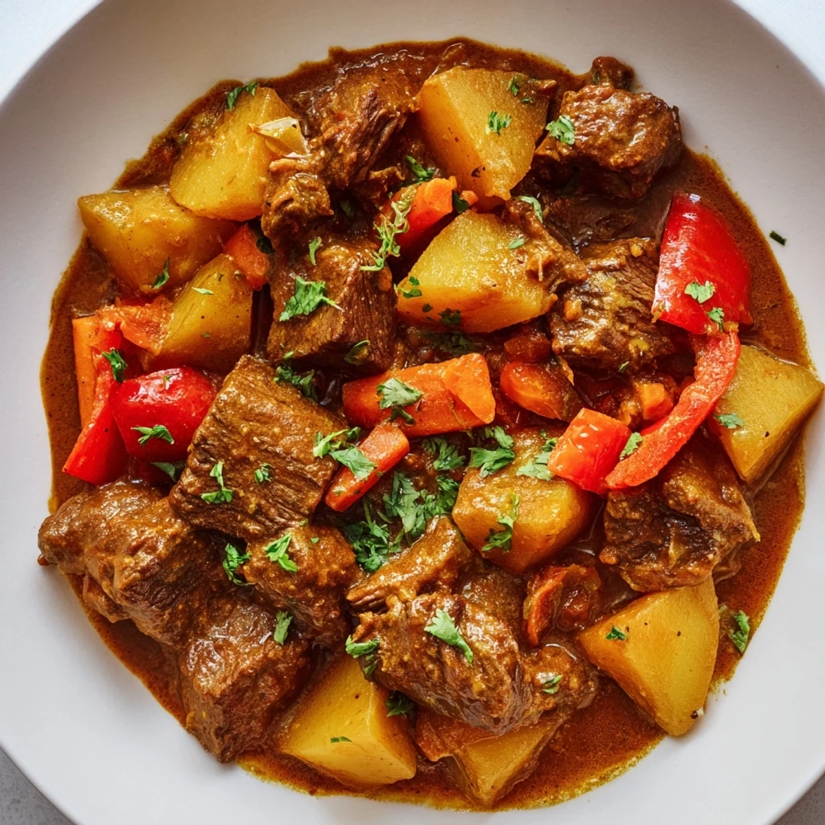 A close-up of golden Slow Cooker Beef Curry with coconut milk, ready to be enjoyed with naan.