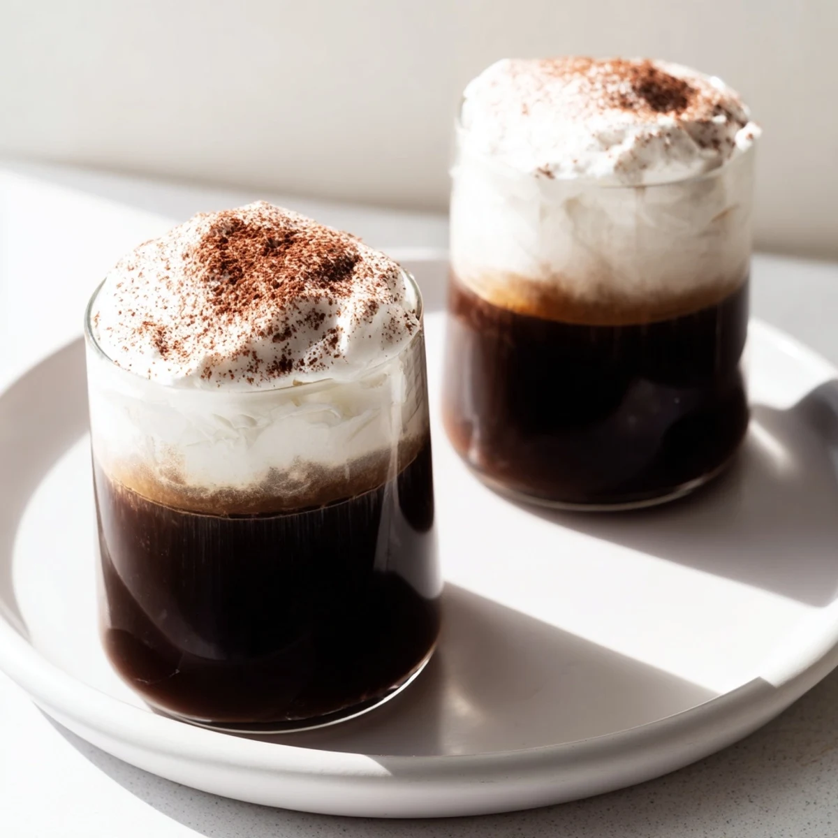 Steaming Irish Coffee Mocktail topped with fluffy whipped cream in a glass mug on a wooden table.  