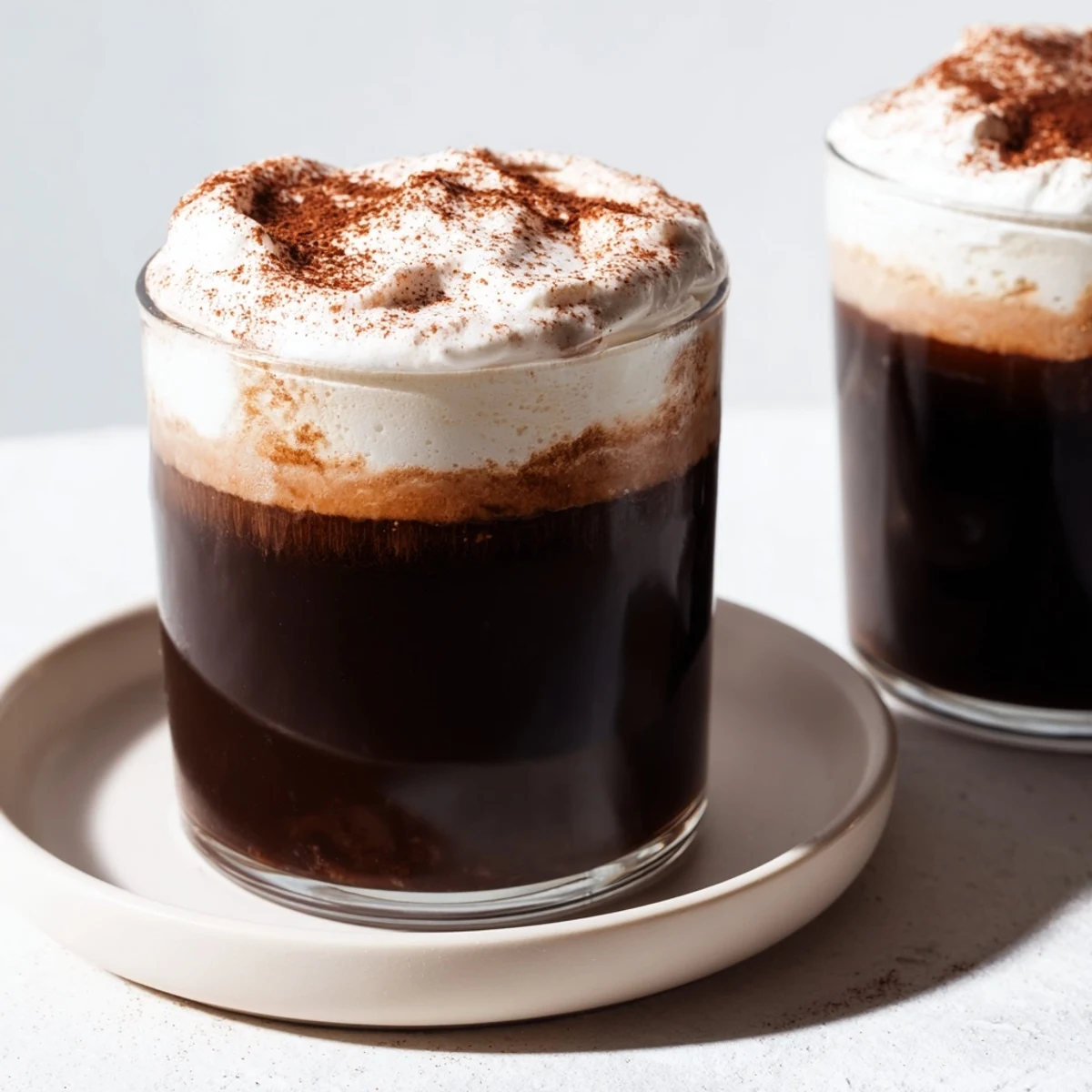 A creamy Irish Coffee Mocktail with brown sugar swirls and a dusting of cocoa powder.  
