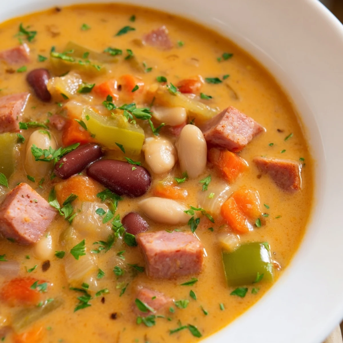A steaming bowl of Creole Bean Soup with Turkey Ham, showcasing tender beans and smoky ham in a rich, tomato-based broth.