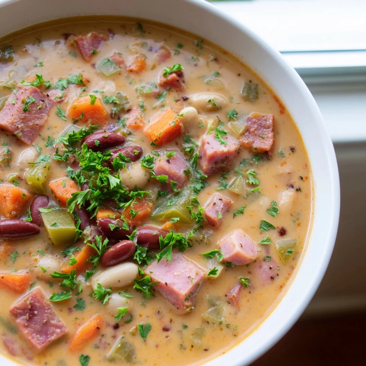 Creole Bean Soup with Turkey Ham simmering in a pot, with vibrant bell peppers, carrots, and celery visible.