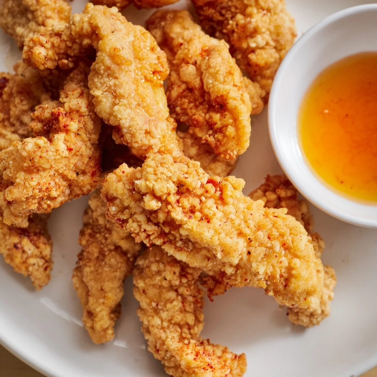 Golden-brown Game Day Crispy Chicken Strips with Honey dip stacked on a platter, ready for snacking.