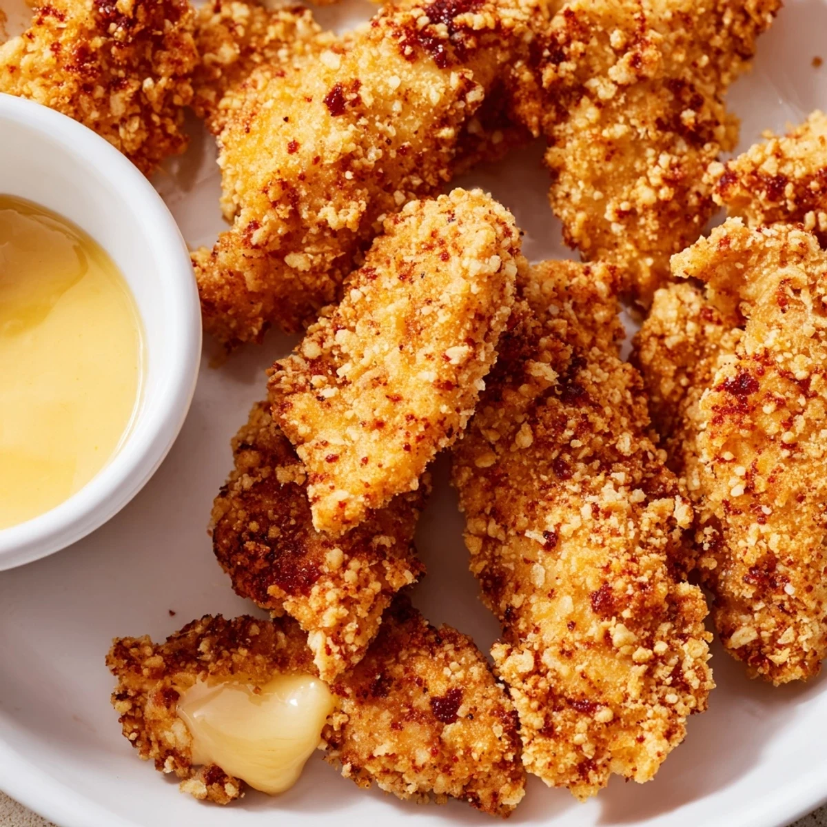 Close-up of Game Day Crispy Chicken Strips with Honey, showing a crunchy coating and sweet drizzle.