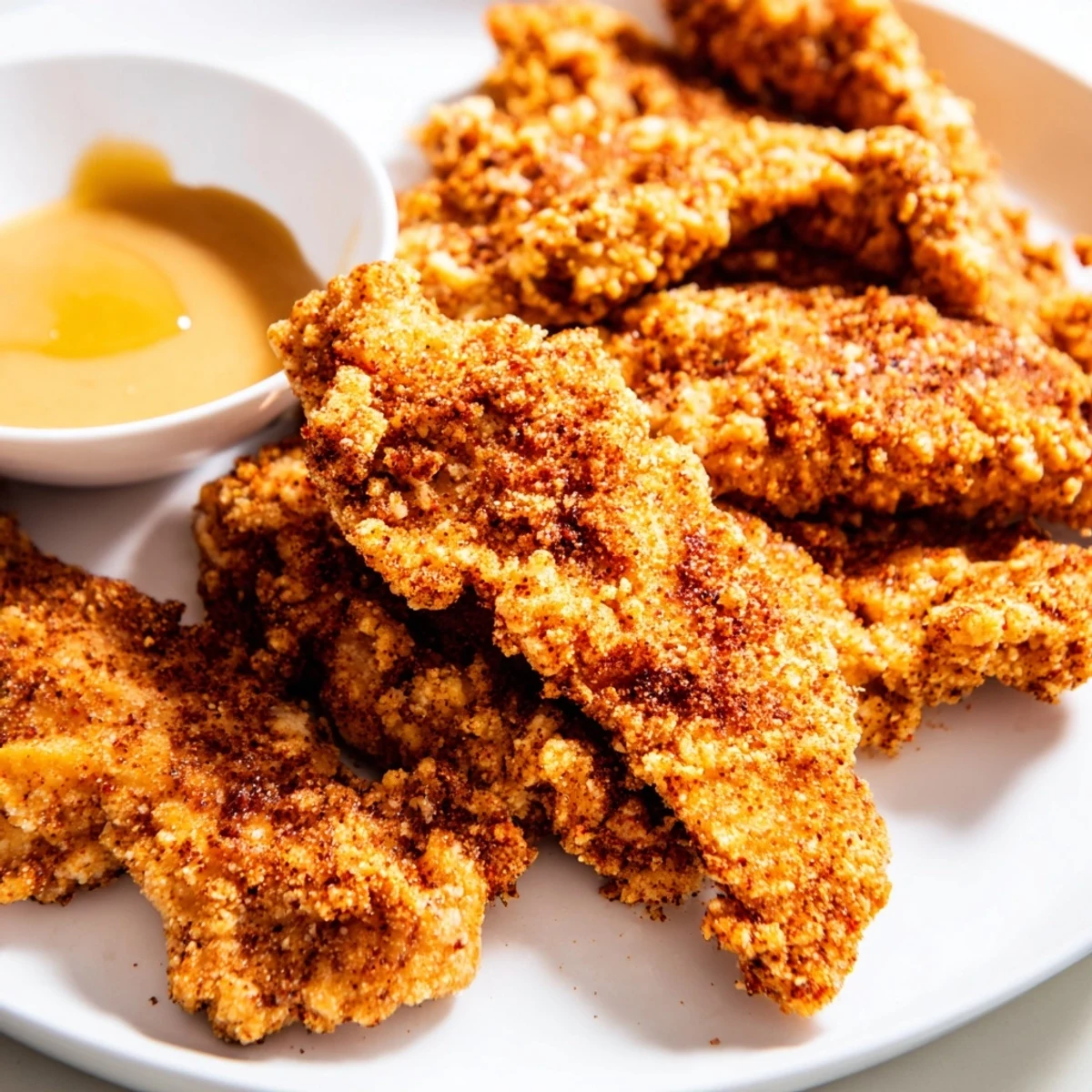 Platter of Game Day Crispy Chicken Strips with Honey dip, served with fries for a party appetizer.