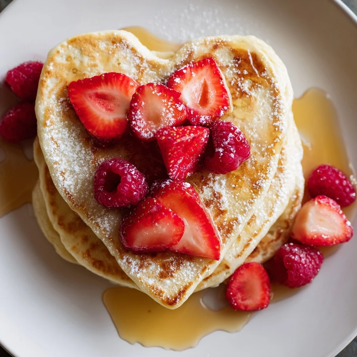 Golden brown heart-shaped Valentine Breakfast in Bed Pancakes are stacked high on a white plate, drizzled with maple syrup.