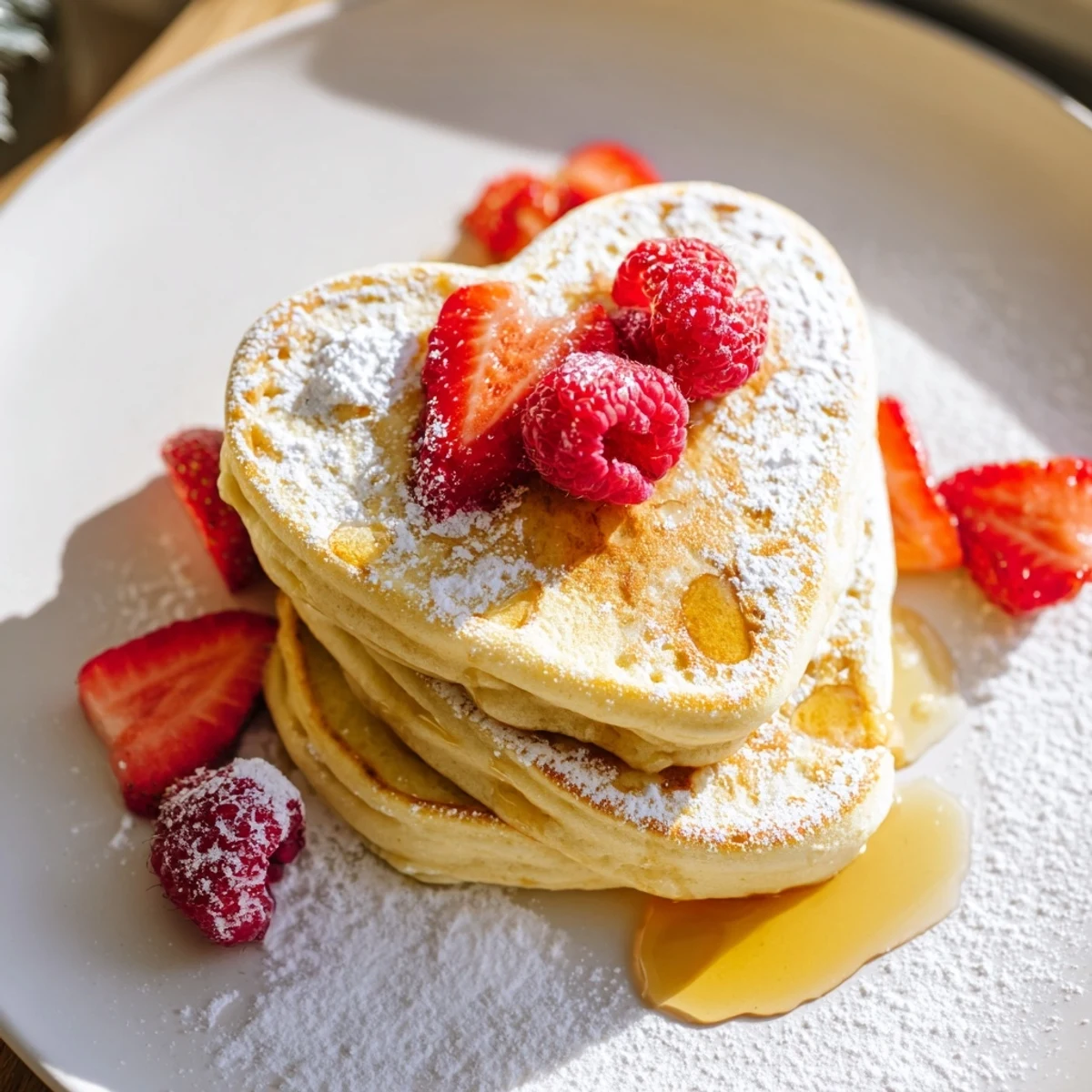 Fluffy stack of Valentine Breakfast in Bed Pancakes served with sliced strawberries and raspberries on a cozy tray.
