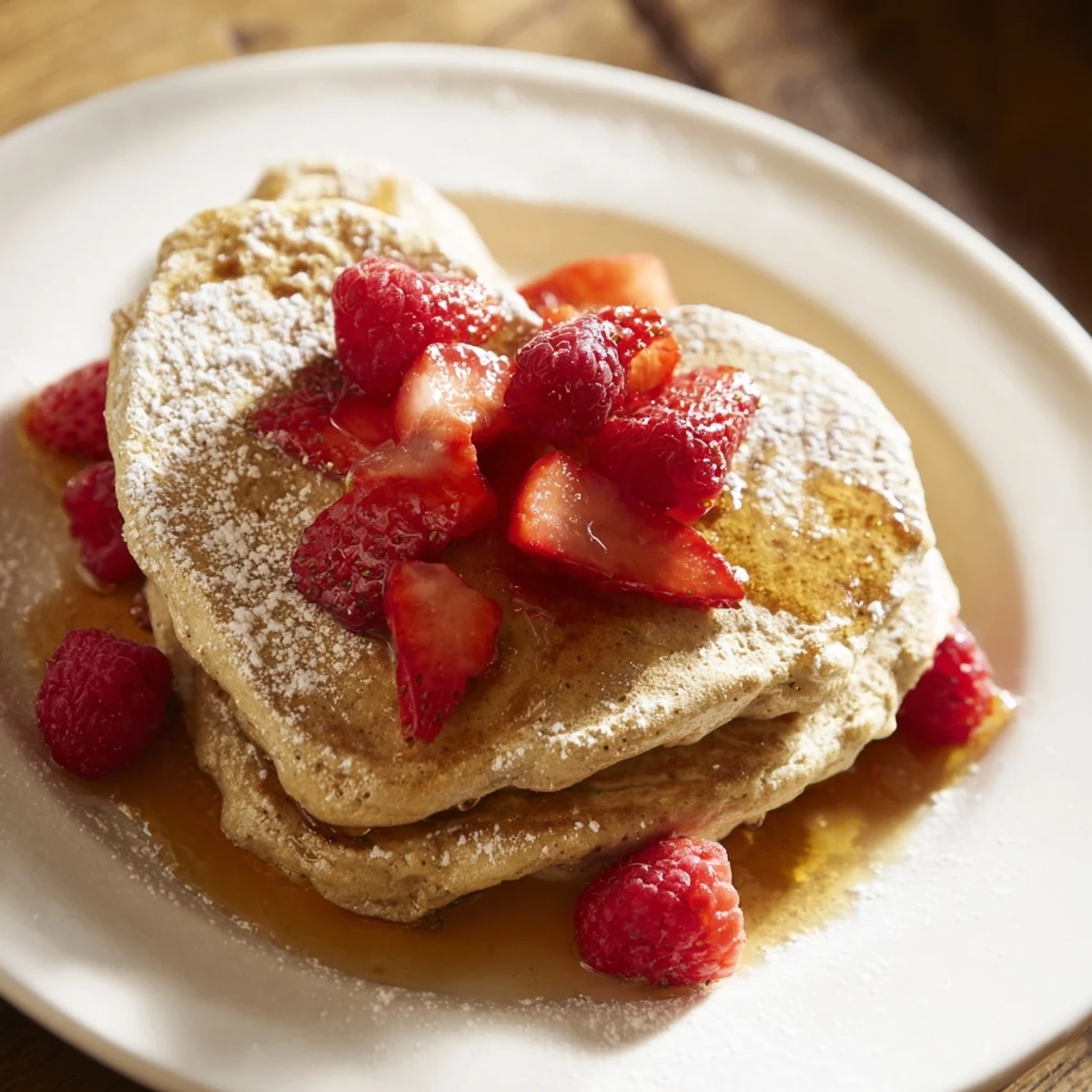 Vividly golden heart-shaped Valentine Breakfast in Bed Pancakes topped with fresh berries and a dusting of powdered sugar.