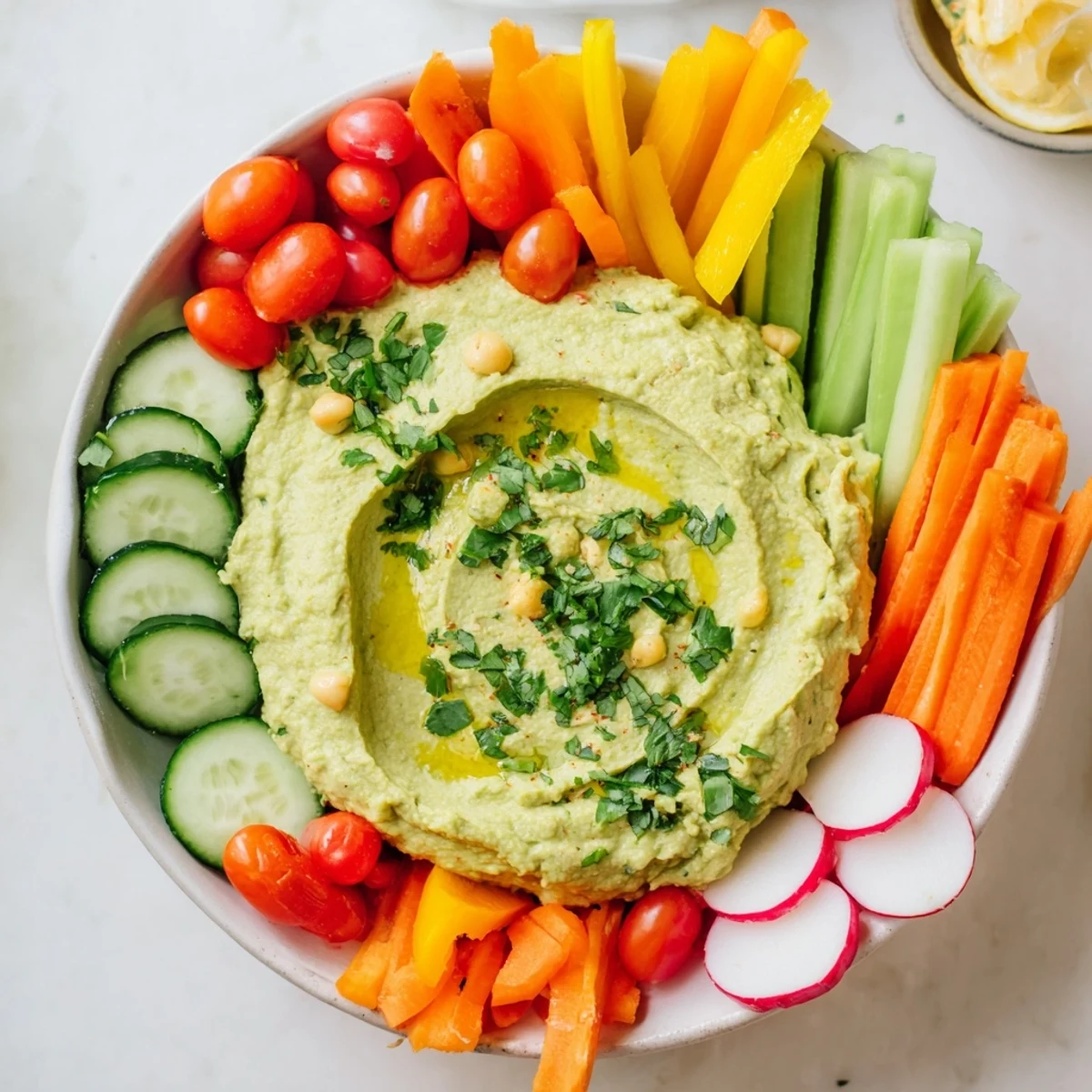 A close-up of creamy green avocado hummus in a rustic bowl, surrounded by fresh carrot sticks, cucumber slices, and cherry tomatoes.  