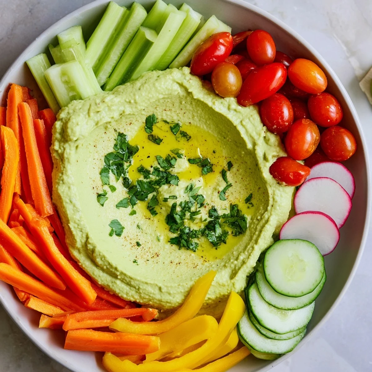Dip into a bowl of creamy avocado chickpea hummus, paired with celery, bell peppers, and radishes for a fresh crunch.