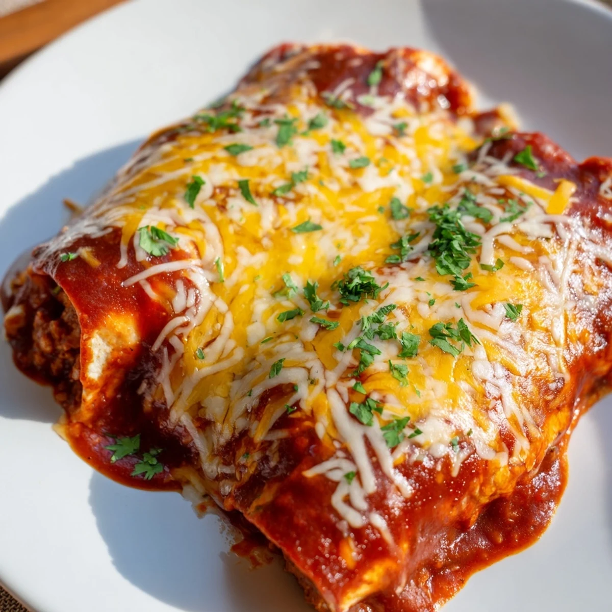 Championship Beef Enchiladas with Red Sauce on a baking dish, garnished with fresh cilantro.