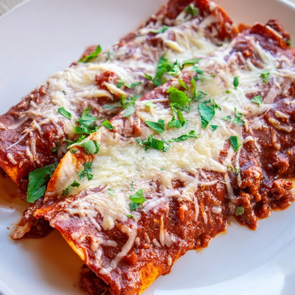 Close-up of Championship Beef Enchiladas with Red Sauce, melted cheese, and a rich sauce.