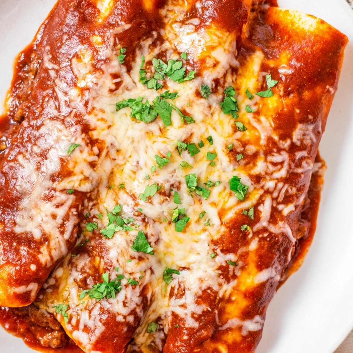 Championship Beef Enchiladas with Red Sauce, served with sour cream and cilantro, ready to eat.