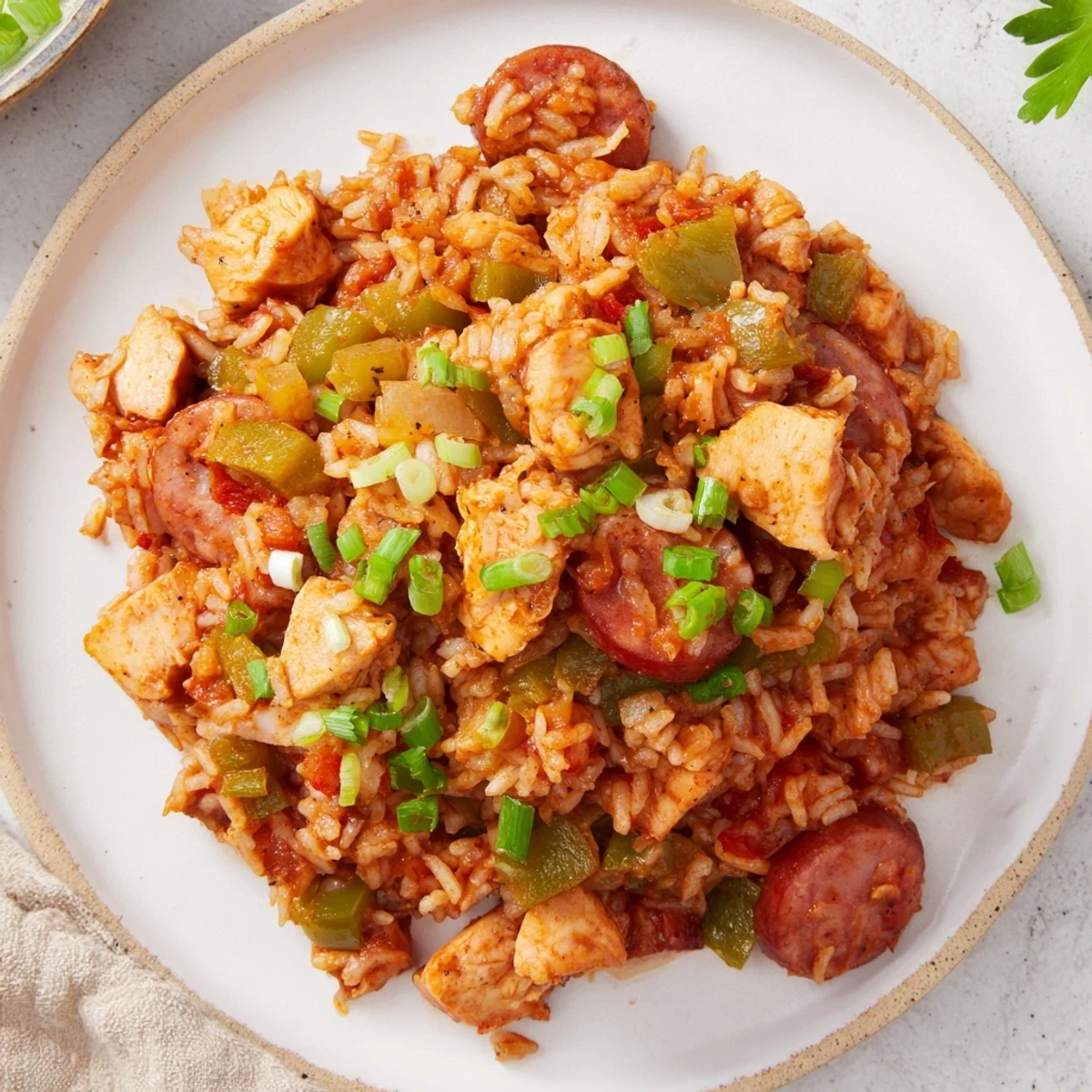 A close-up of the finished Mardi Gras Chicken Jambalaya with Sausage garnished with fresh parsley and green onions, ready to serve.  