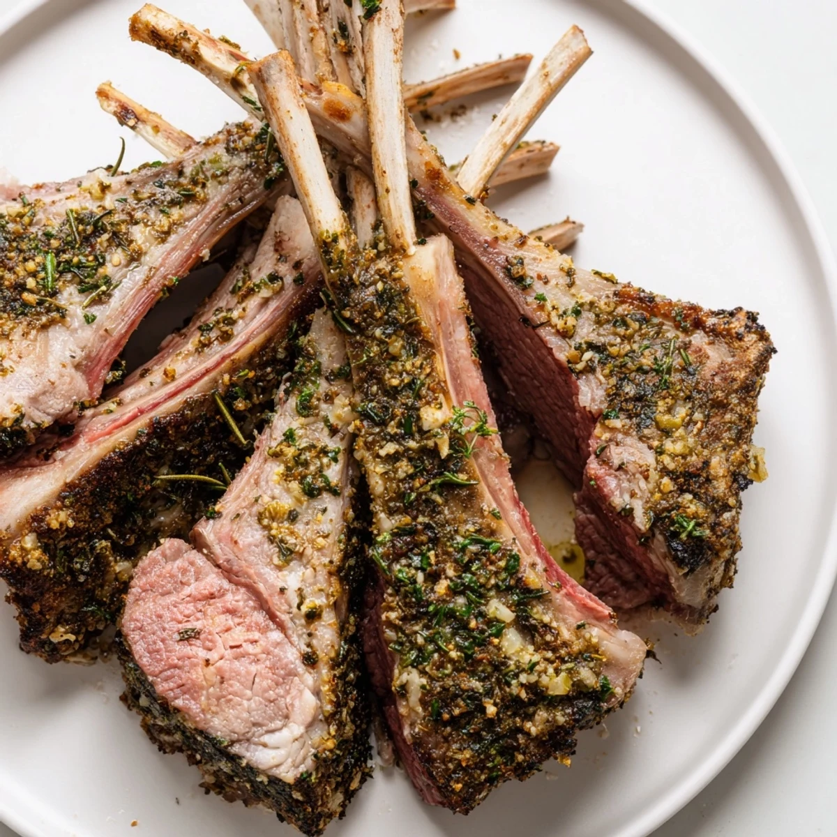 A close-up of juicy, medium-rare Romantic Roasted Rack of Lamb slices, revealing a pink center, garnished with fresh parsley and lemon wedges.  