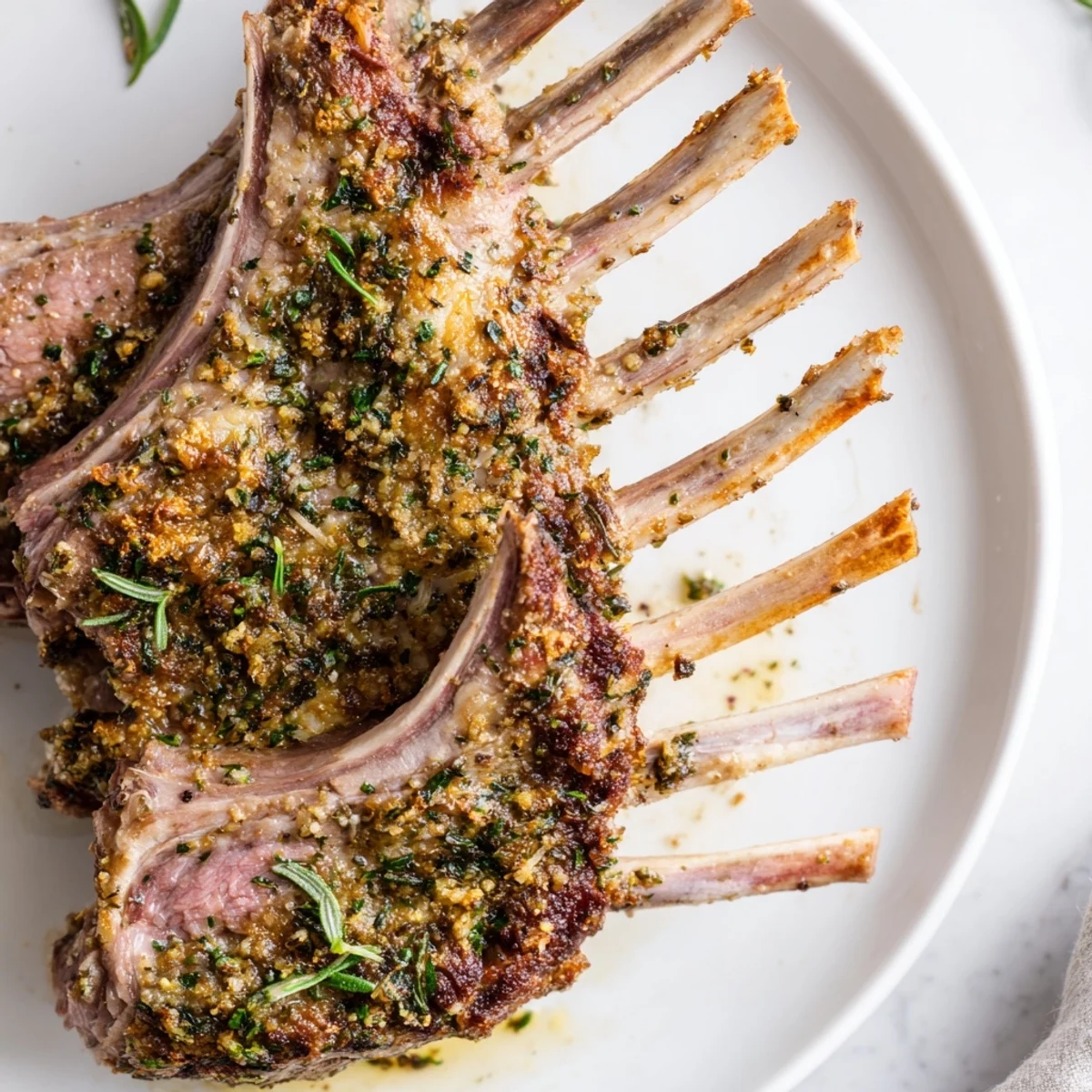 Golden-brown, herb-crusted Romantic Roasted Rack of Lamb glistening with rosemary and garlic, presented on a white platter for an elegant special occasion dinner.  