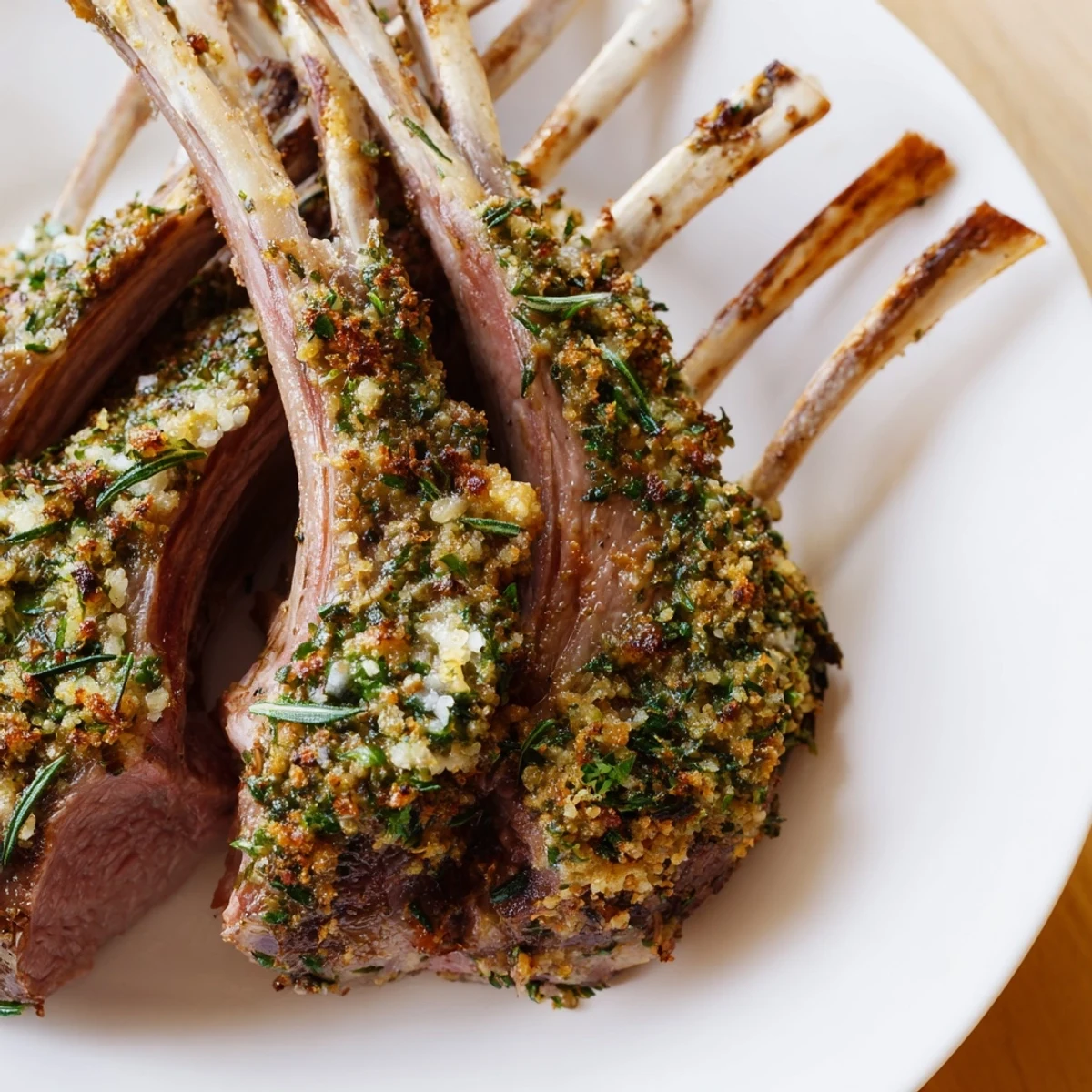 Sizzling Romantic Roasted Rack of Lamb searing in a skillet, surrounded by aromatic garlic and rosemary, ready for oven roasting to perfection.