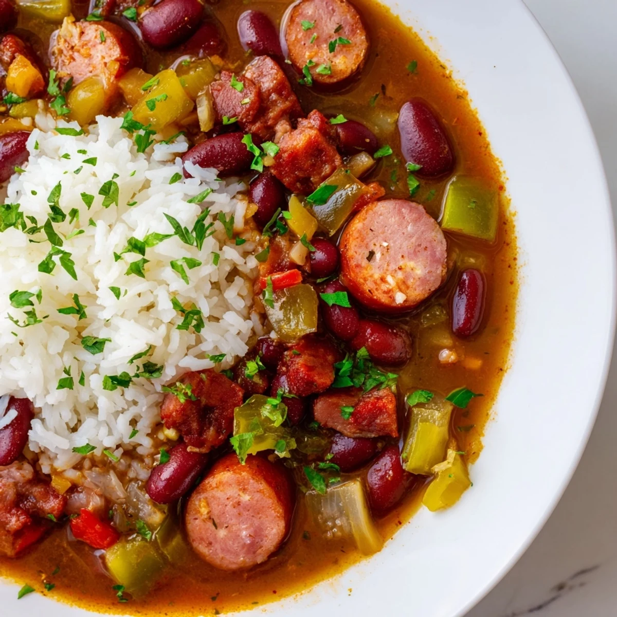 Steaming bowl of Louisiana Red Bean Soup with fluffy white rice, topped with fresh parsley and smoky andouille sausage.