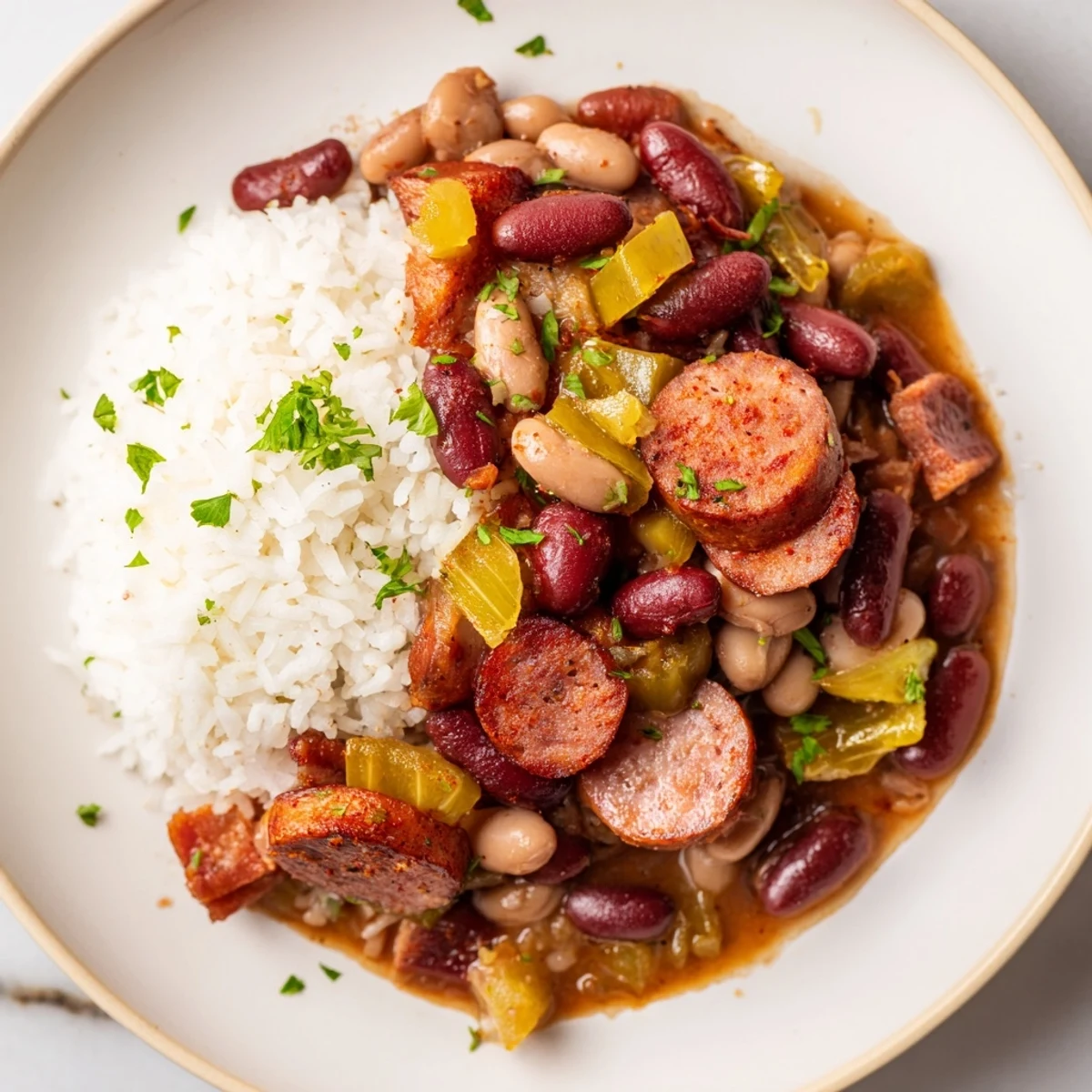 Spoon dipping into rich Louisiana Red Bean Soup served over rice, revealing tender vegetables and beans in a savory broth.