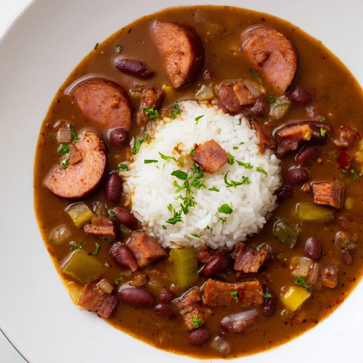 Family-style pot of Louisiana Red Bean Soup with rice and garnishes, ready to serve with hot sauce on the side.