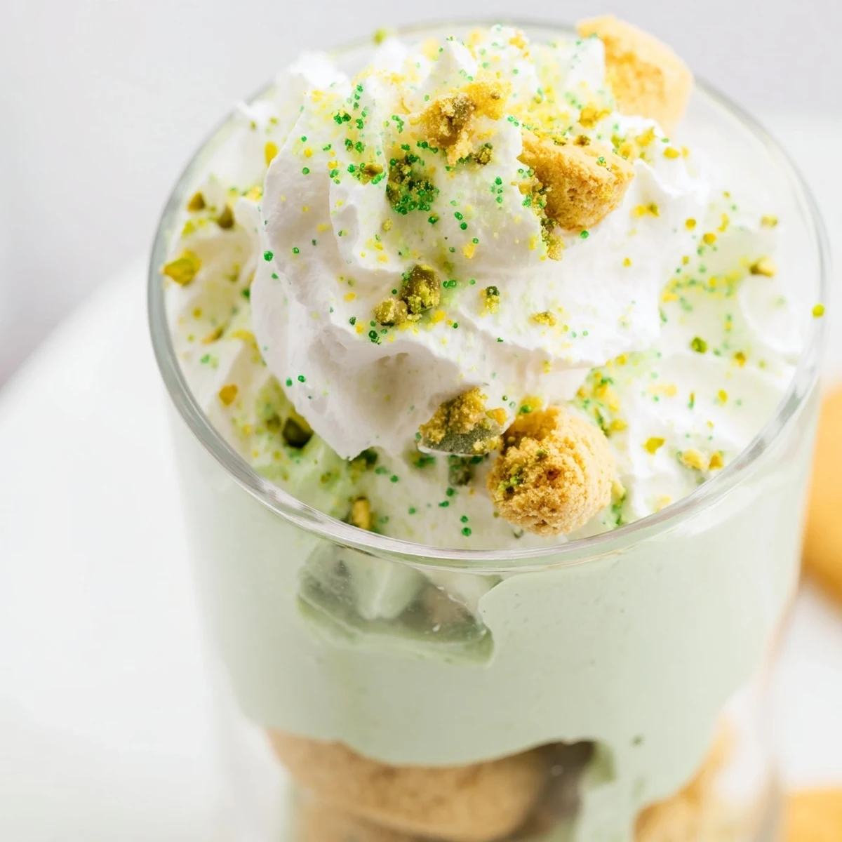 Layers of creamy pistachio pudding, fluffy whipped cream, and crunchy shortbread cookie crumbs in a glass for St. Patrick's Day.