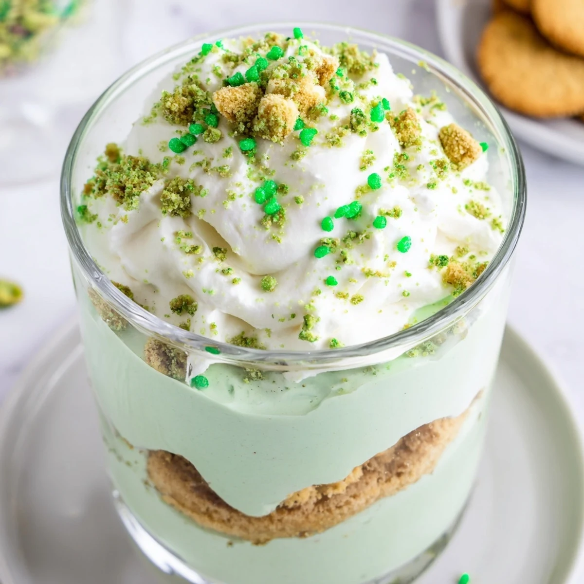 Festive St. Patrick's Day pistachio pudding parfait with green layers, chopped nuts, and mint for a bright, celebratory dessert.