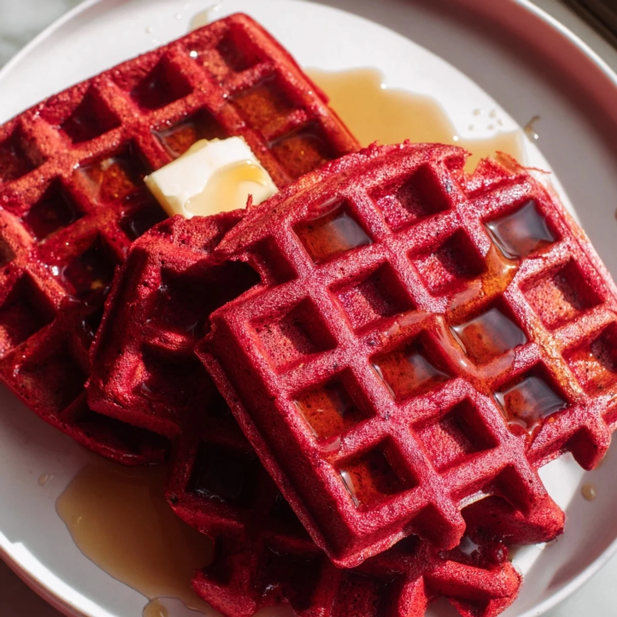Freshly cooked Red Velvet Waffles with Syrup steaming on a plate, featuring a fluffy cocoa-infused interior and vibrant red color.