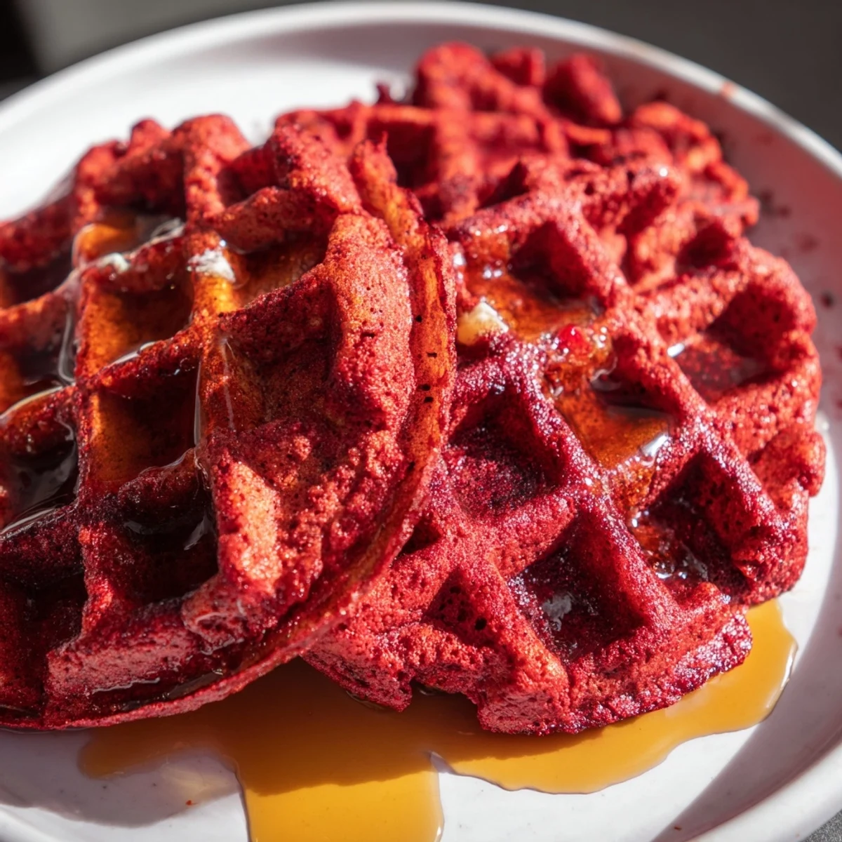 Golden-brown Red Velvet Waffles with Syrup stacked high, topped with a generous drizzle of maple syrup and optional fresh berries.