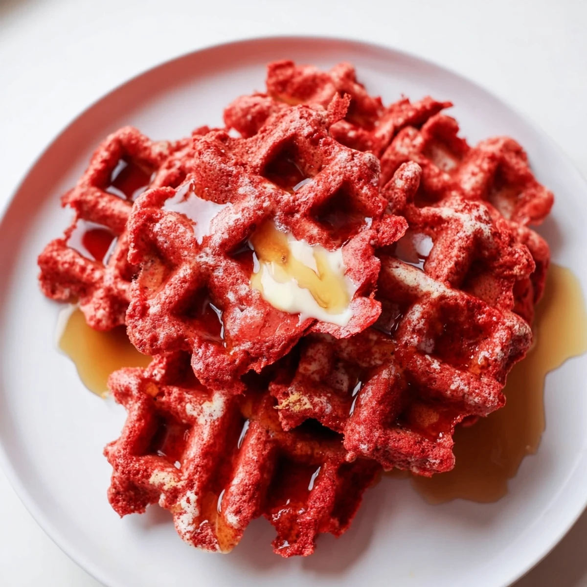 Warm Red Velvet Waffles with Syrup served on a rustic plate, with a side of whipped cream for a festive brunch treat.