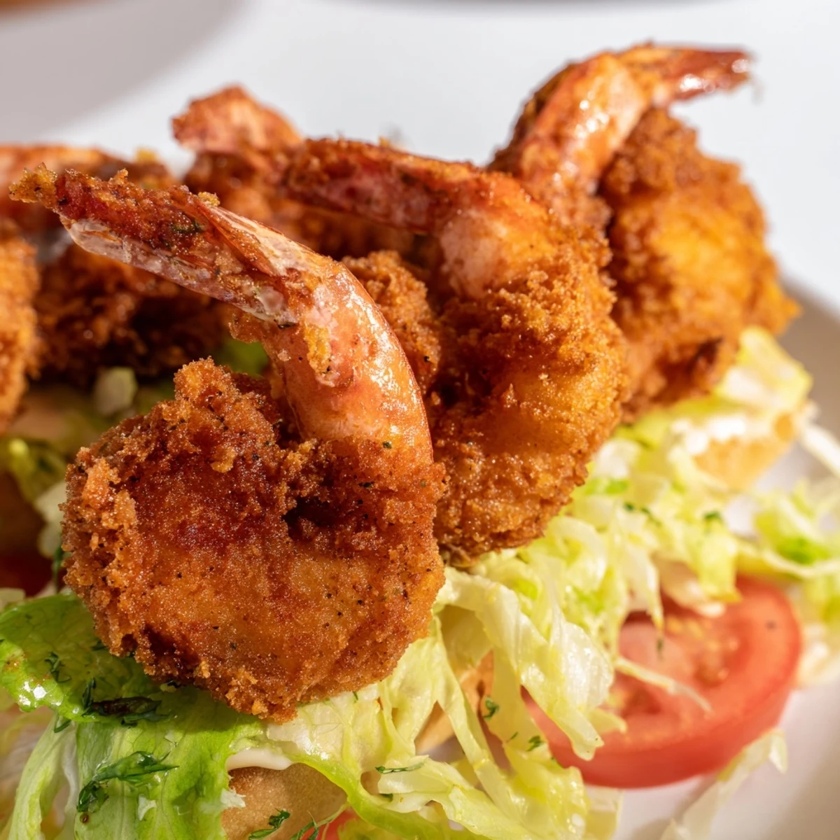 Freshly assembled Southern Shrimp Po Boy with remoulade drizzle, juicy tomato slices and crunchy lettuce on a warm roll.