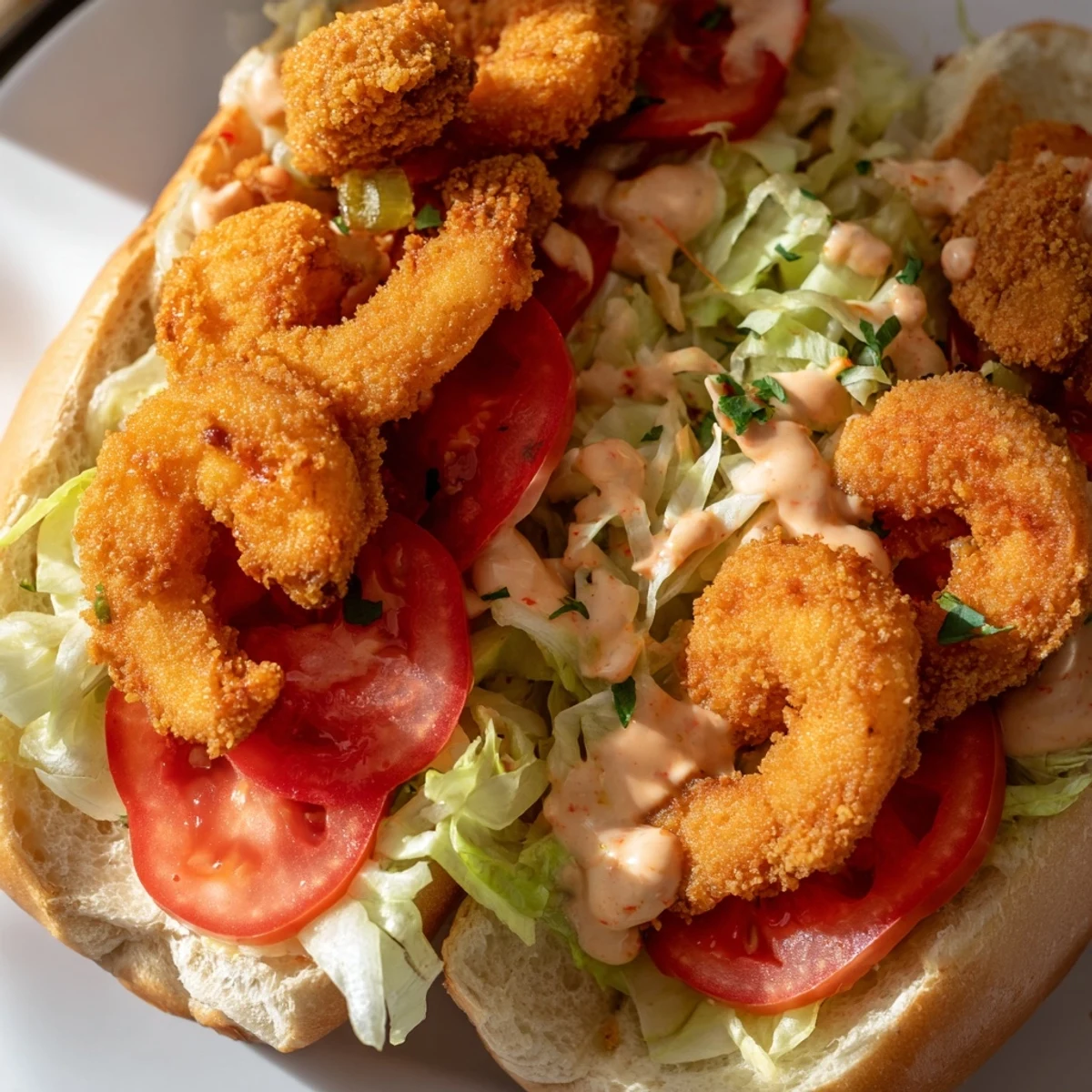 Classic New Orleans style Southern Shrimp Po Boy, golden fried shrimp piled high with pickles on a crusty baguette.
