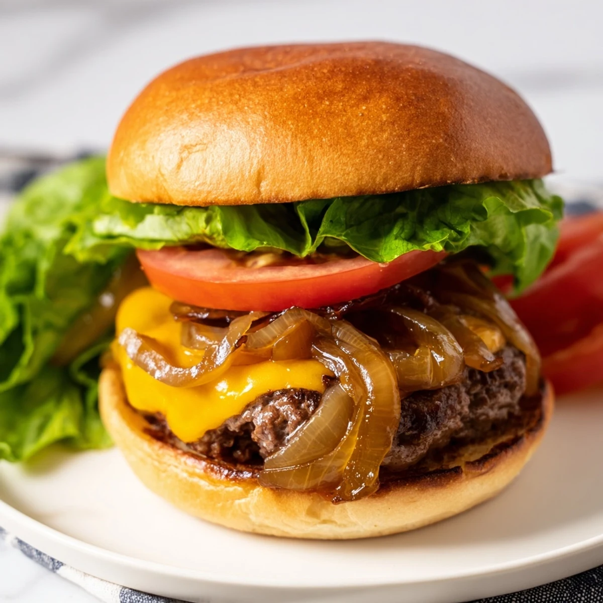 The golden, sweet onions add a rich aroma to these juicy beef patties ready for a summer cookout.