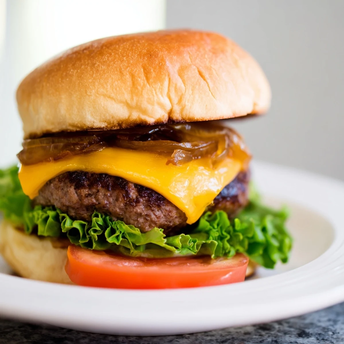 Classic Beef Burgers with Caramelized Onions are stacked on a toasted bun with melted cheddar and crisp lettuce.