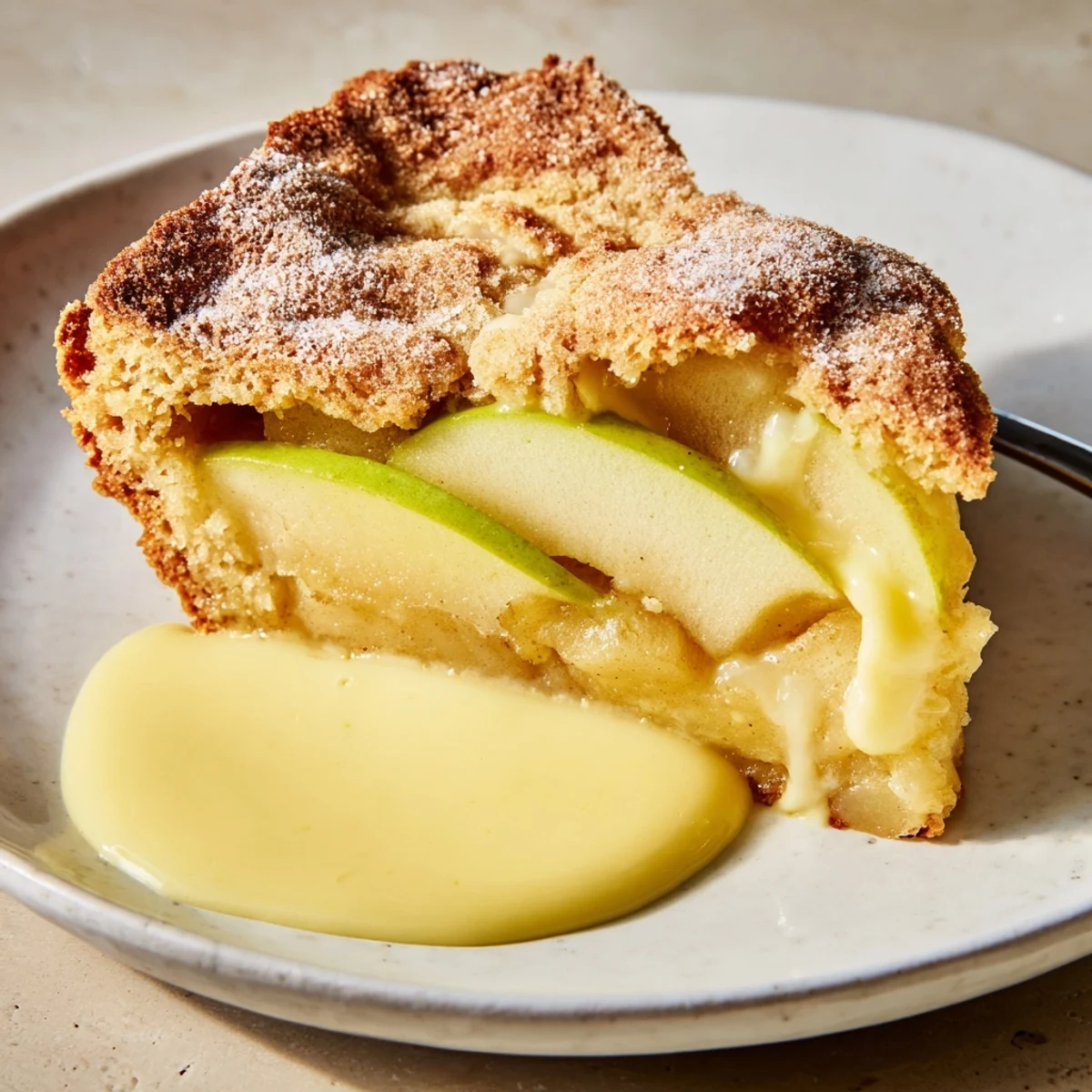 Freshly baked Irish Apple Cake with Vanilla Custard, featuring tender apple slices peeking through a golden, rustic crust.