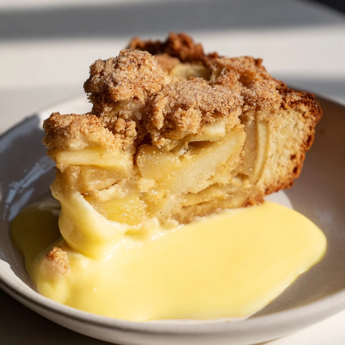 Slices of warm Irish Apple Cake with Vanilla Custard drizzled over the top, served cozy on a ceramic plate.