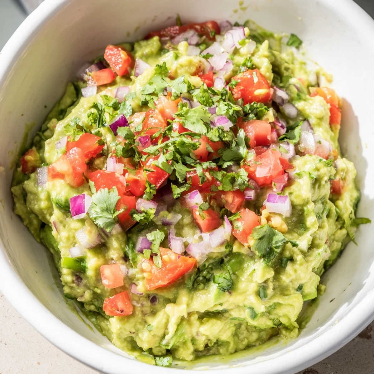 Freshly mashed Game Day Guacamole topped with chunky tomato salsa and cilantro, served in a rustic bowl with crispy tortilla chips for dipping.