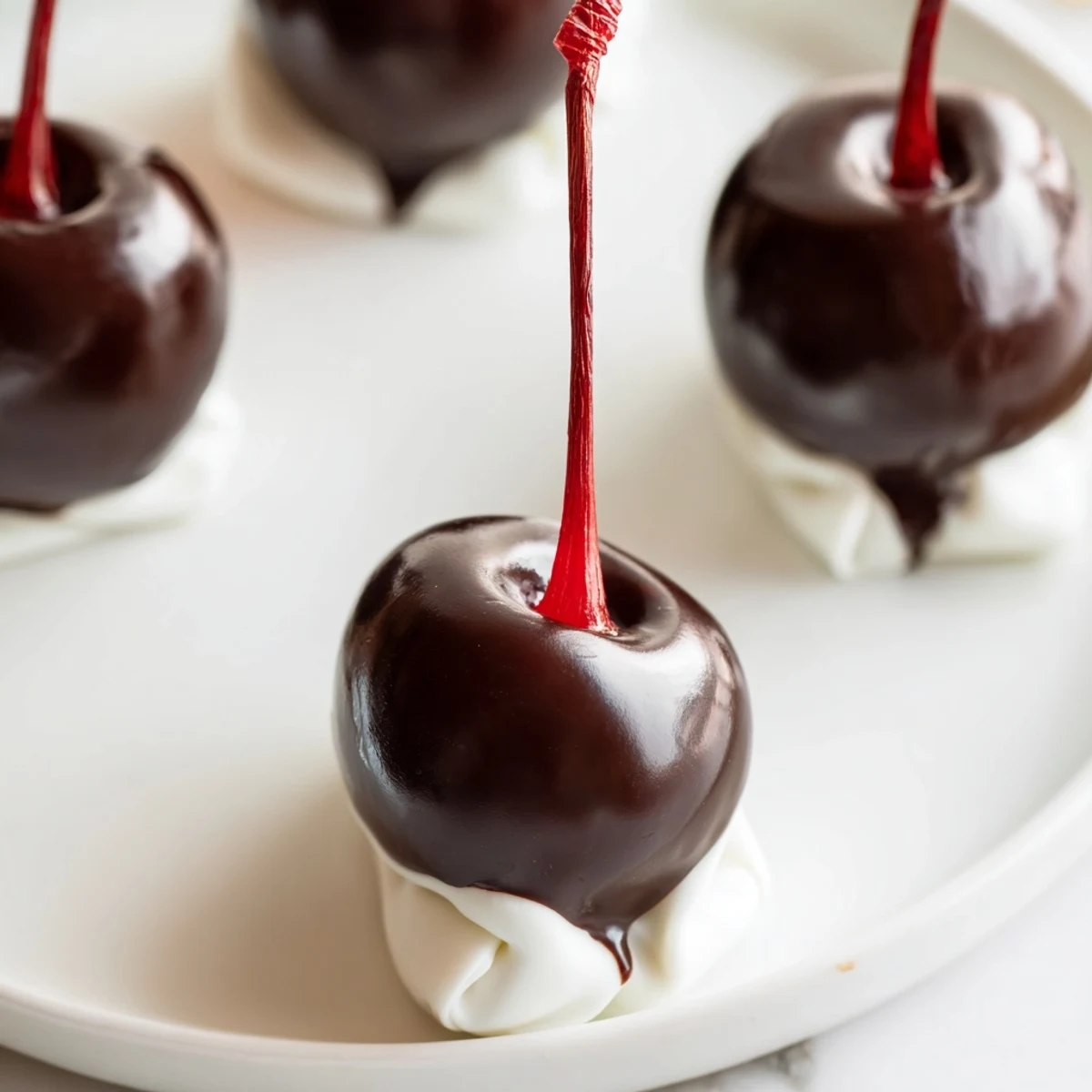 Fondant-enrobed cherries dipped in dark chocolate, showing a glossy finish and a neat cherry stem for easy serving.