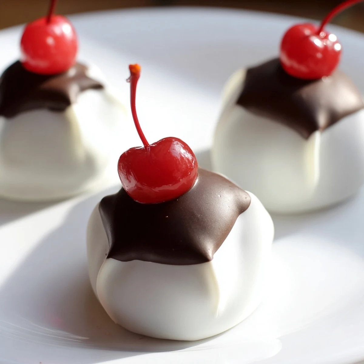 Close-up of a chocolate covered cherry with fondant, revealing a smooth white center and rich dark chocolate shell.